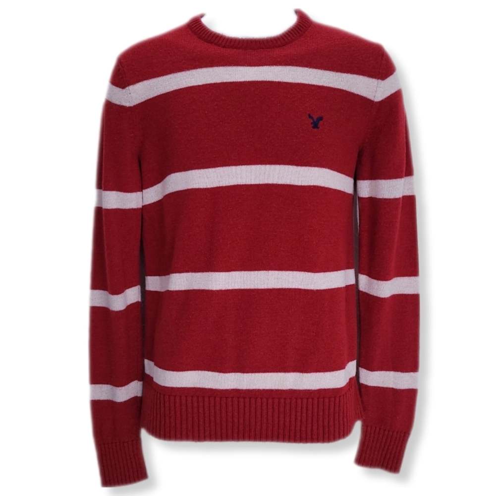 American Eagle Mens M Sweater Red Striped Athletic Fit Crew Neck Wool Blend
